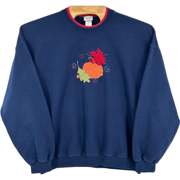 Vintage 90s y2k Women's Autumn Fall Leaves Pumpkin Crewneck Sweatshirt 2XL - Picture 1 of 6